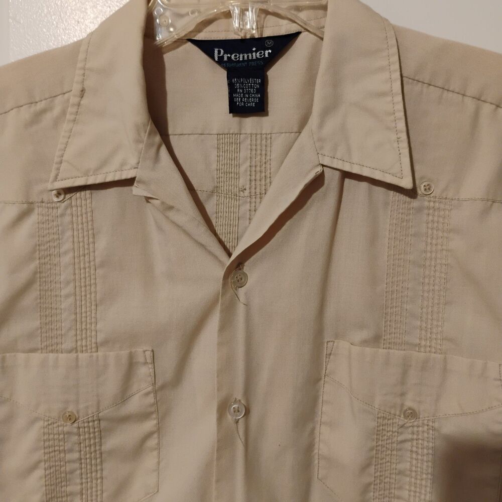 Vintage Guayabera Shirt Mens M Tan Button Up Embroidered Cuban Tropical